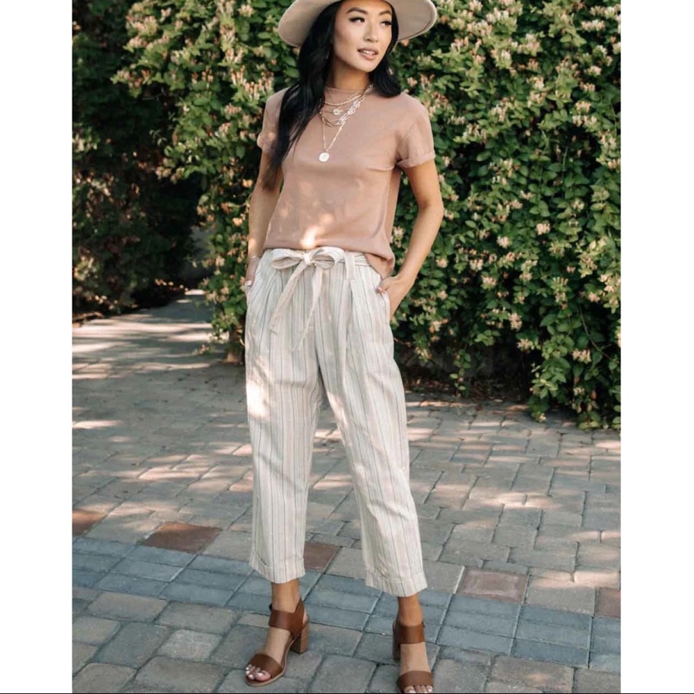 Elleh taupe striped paperbag waist trousers